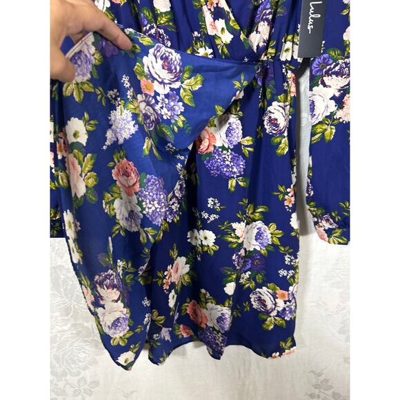 Lulus Faux Wrap Dress Medium Blue Floral NEW Long Sleeve Knee Length - Picture 5 of 12